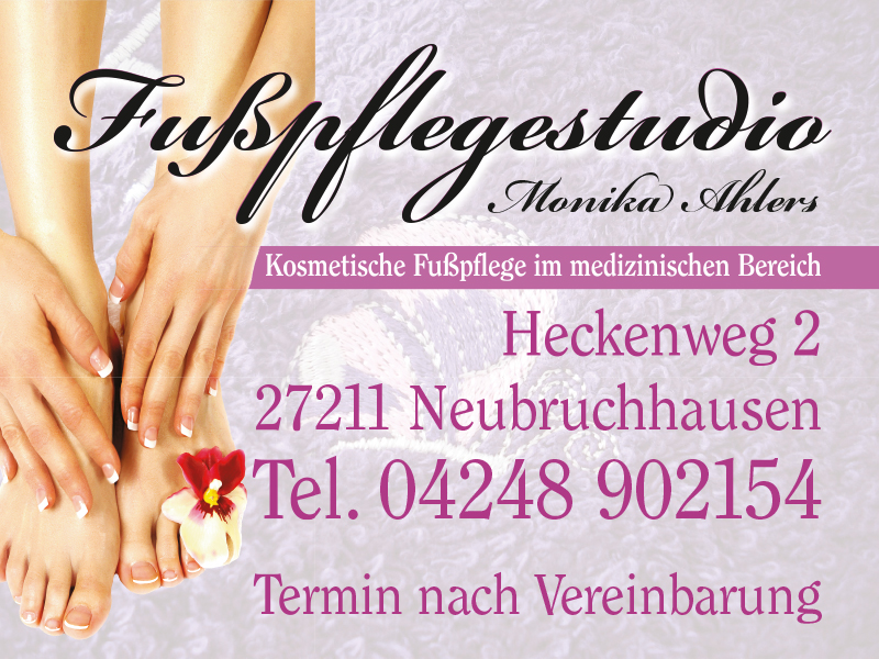 Fußpflege Bassum Monika Ahlers, Kosmetische Fußpflege im medizinischen Bereich Fußpflege-Studio Monika Ahlers, Kosmetische Fußpflege im medizinischen Bereich, Heckenweg 2, 27211 Bassum-Neubruchhausen, Tel. 04248 902154, Termin nach Vereinbarung